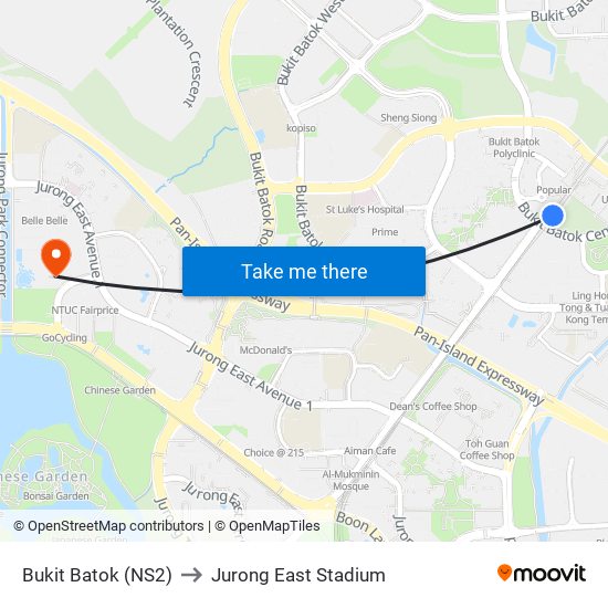 Bukit Batok (NS2) to Jurong East Stadium map