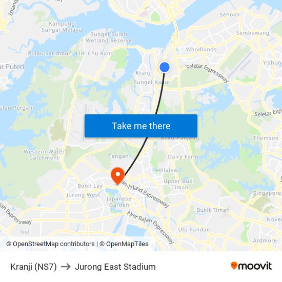 Kranji (NS7) to Jurong East Stadium map