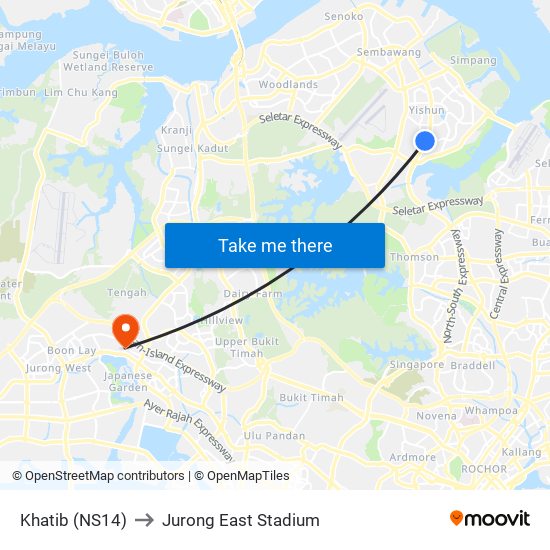 Khatib (NS14) to Jurong East Stadium map