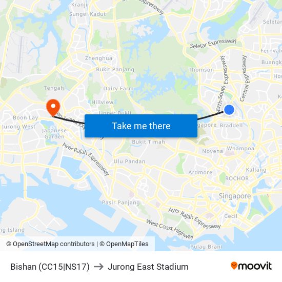 Bishan (CC15|NS17) to Jurong East Stadium map