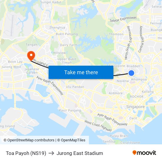 Toa Payoh (NS19) to Jurong East Stadium map