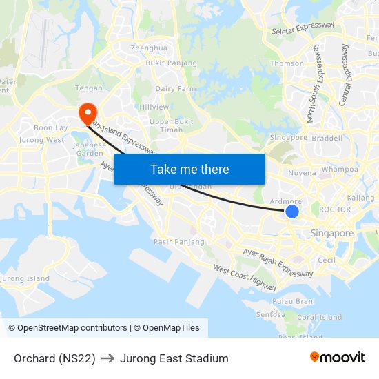 Orchard (NS22) to Jurong East Stadium map