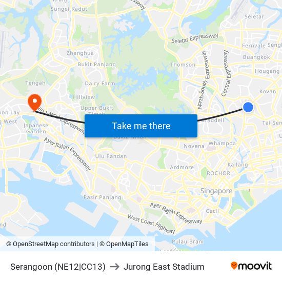 Serangoon (NE12|CC13) to Jurong East Stadium map