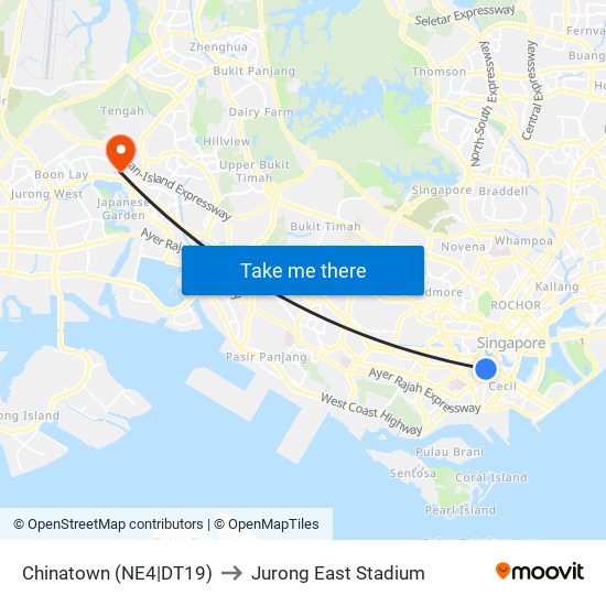 Chinatown (NE4|DT19) to Jurong East Stadium map