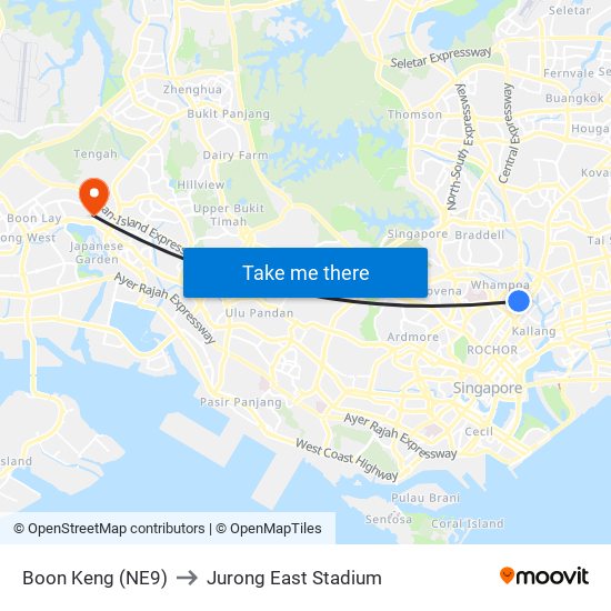 Boon Keng (NE9) to Jurong East Stadium map