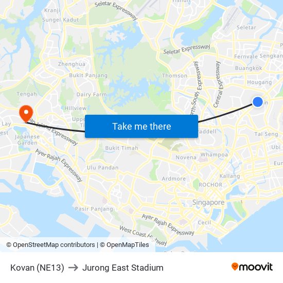 Kovan (NE13) to Jurong East Stadium map