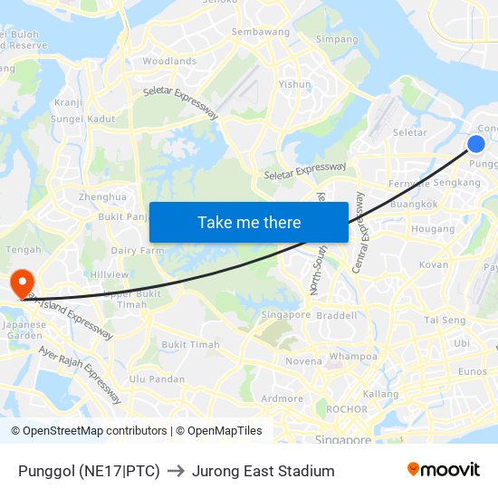 Punggol (NE17|PTC) to Jurong East Stadium map