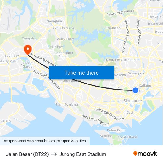 Jalan Besar (DT22) to Jurong East Stadium map