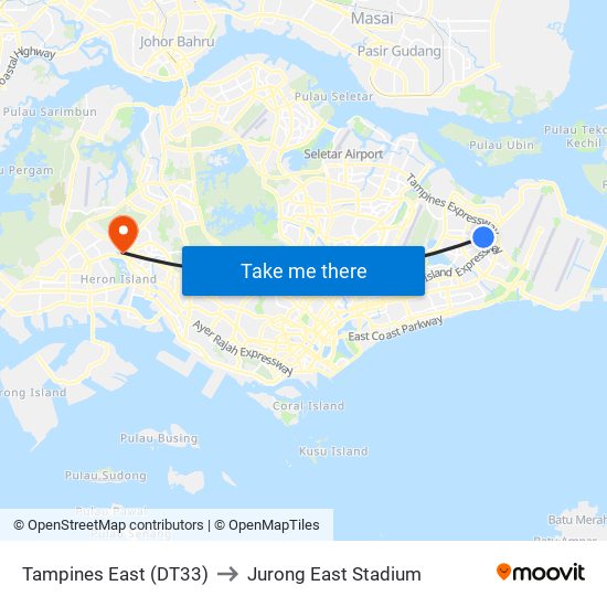 Tampines East (DT33) to Jurong East Stadium map