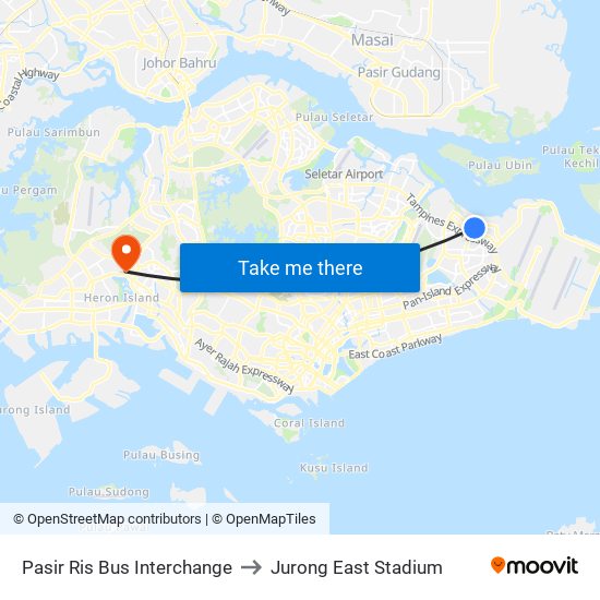 Pasir Ris Bus Interchange to Jurong East Stadium map