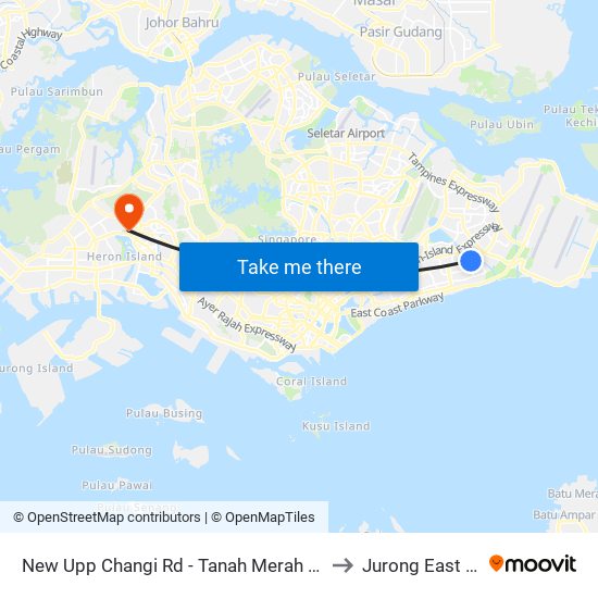 New Upp Changi Rd - Tanah Merah Stn Exit A (85099) to Jurong East Stadium map