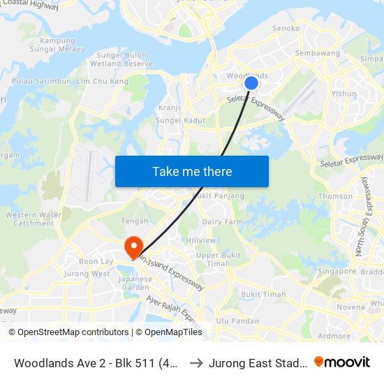 Woodlands Ave 2 - Blk 511 (46331) to Jurong East Stadium map