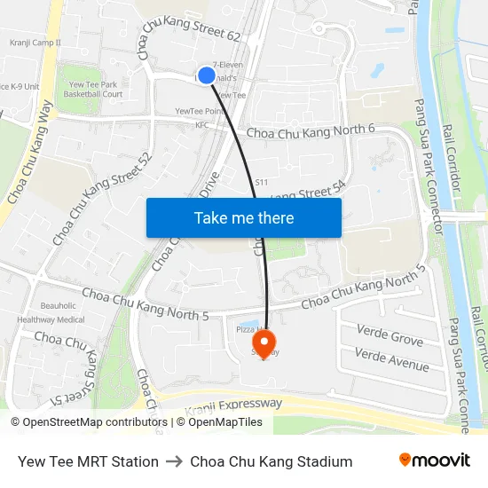 Yew Tee MRT Station to Choa Chu Kang Stadium map