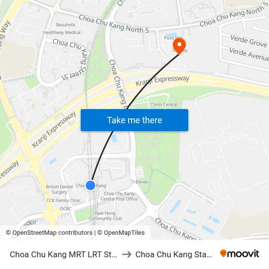 Choa Chu Kang MRT LRT Station to Choa Chu Kang Stadium map