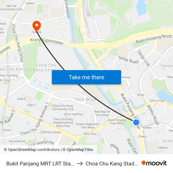 Bukit Panjang MRT LRT Station to Choa Chu Kang Stadium map