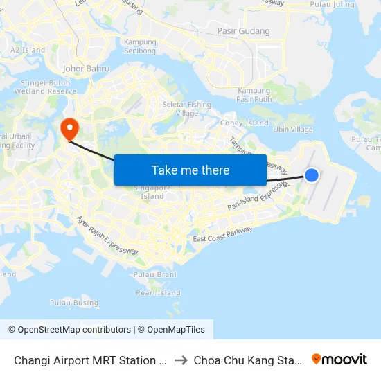Changi Airport MRT Station (CG2) to Choa Chu Kang Stadium map