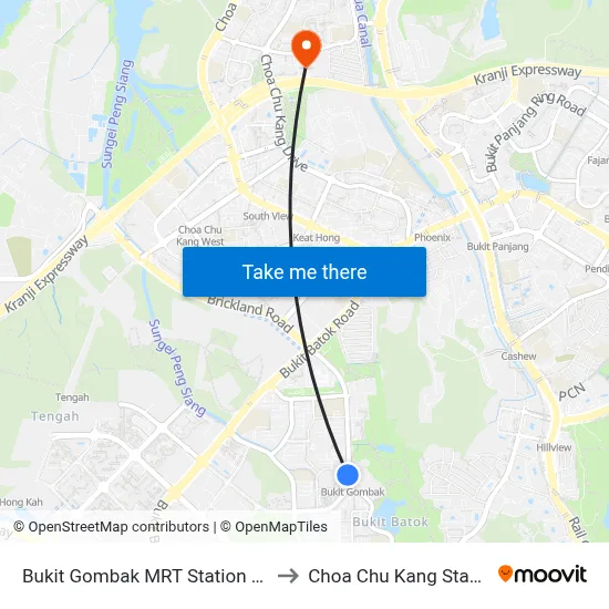 Bukit Gombak MRT Station (NS3) to Choa Chu Kang Stadium map