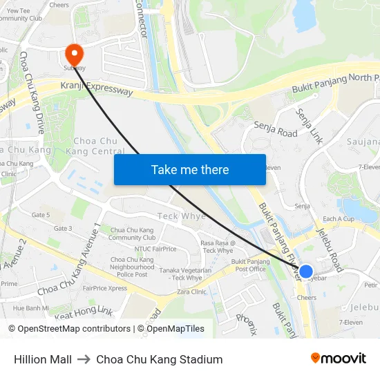 Hillion Mall to Choa Chu Kang Stadium map