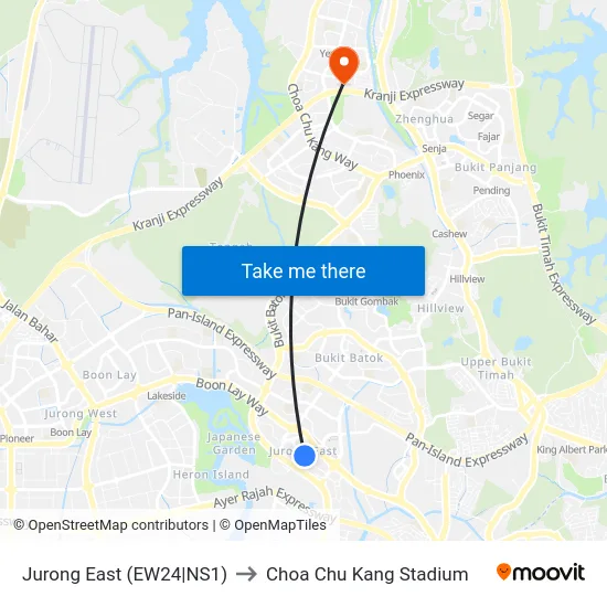Jurong East (EW24|NS1) to Choa Chu Kang Stadium map