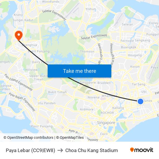 Paya Lebar (CC9|EW8) to Choa Chu Kang Stadium map