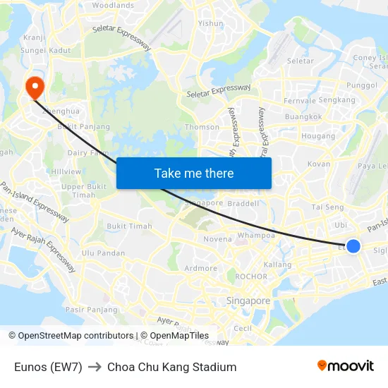 Eunos (EW7) to Choa Chu Kang Stadium map