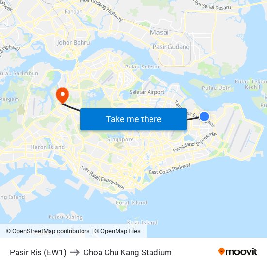 Pasir Ris (EW1) to Choa Chu Kang Stadium map