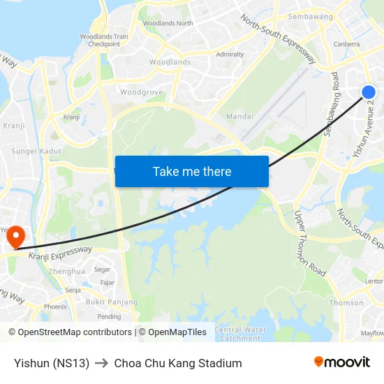 Yishun (NS13) to Choa Chu Kang Stadium map