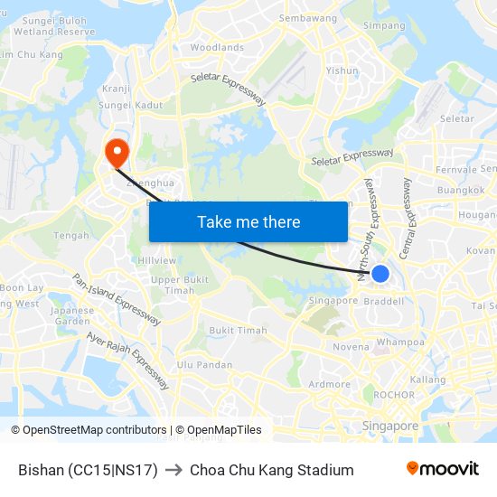 Bishan (CC15|NS17) to Choa Chu Kang Stadium map