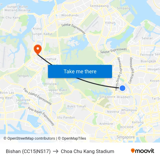 Bishan (CC15|NS17) to Choa Chu Kang Stadium map