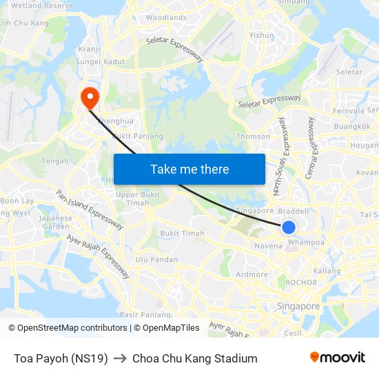 Toa Payoh (NS19) to Choa Chu Kang Stadium map