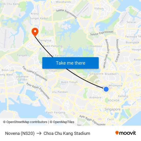 Novena (NS20) to Choa Chu Kang Stadium map