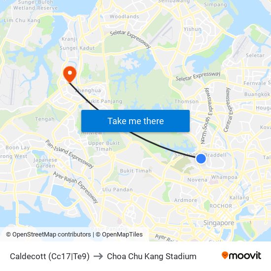 Caldecott (Cc17|Te9) to Choa Chu Kang Stadium map