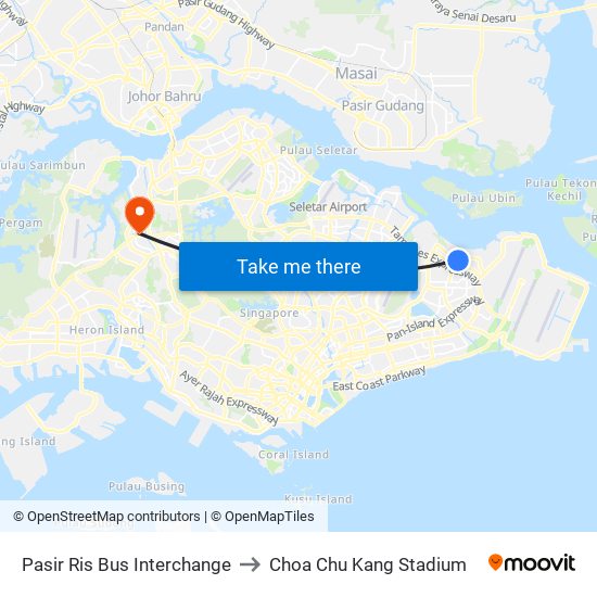 Pasir Ris Bus Interchange to Choa Chu Kang Stadium map