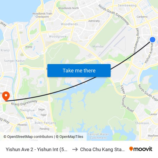 Yishun Ave 2 - Yishun Int (59009) to Choa Chu Kang Stadium map