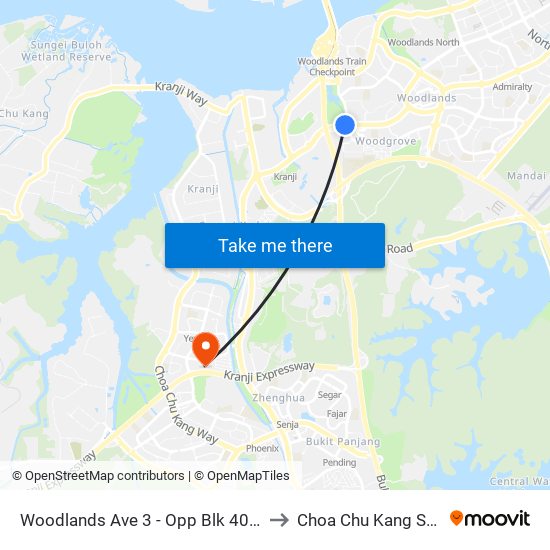 Woodlands Ave 3 - Opp Blk 402 (46499) to Choa Chu Kang Stadium map