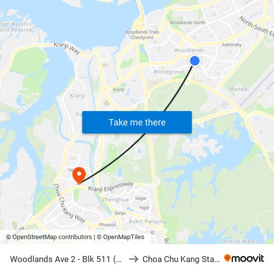 Woodlands Ave 2 - Blk 511 (46331) to Choa Chu Kang Stadium map