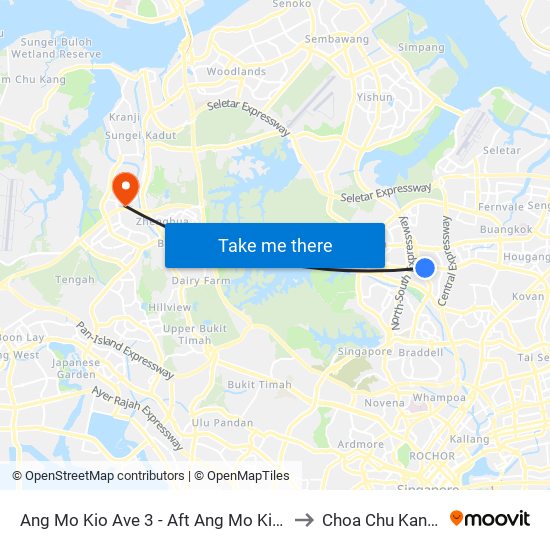 Ang Mo Kio Ave 3 - Aft Ang Mo Kio Stn Exit A (54261) to Choa Chu Kang Stadium map