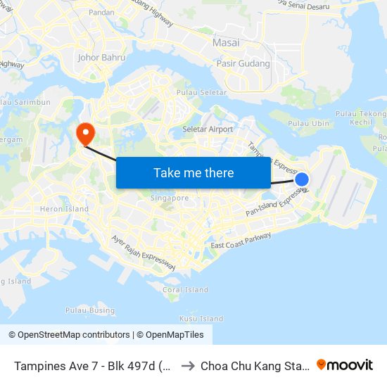 Tampines Ave 7 - Blk 497d (76241) to Choa Chu Kang Stadium map