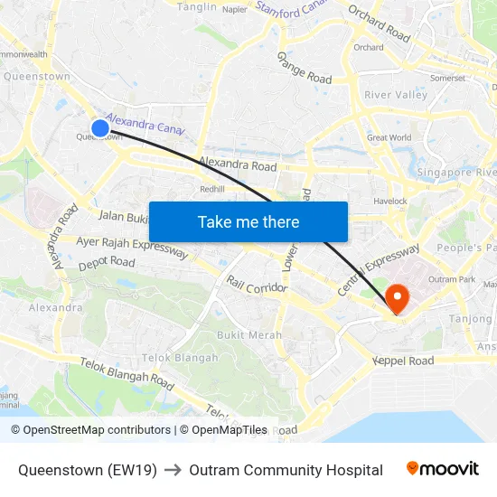 Queenstown (EW19) to Outram Community Hospital map