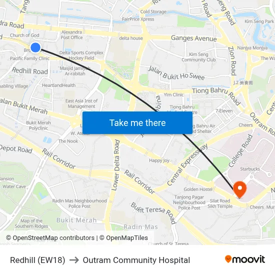 Redhill (EW18) to Outram Community Hospital map