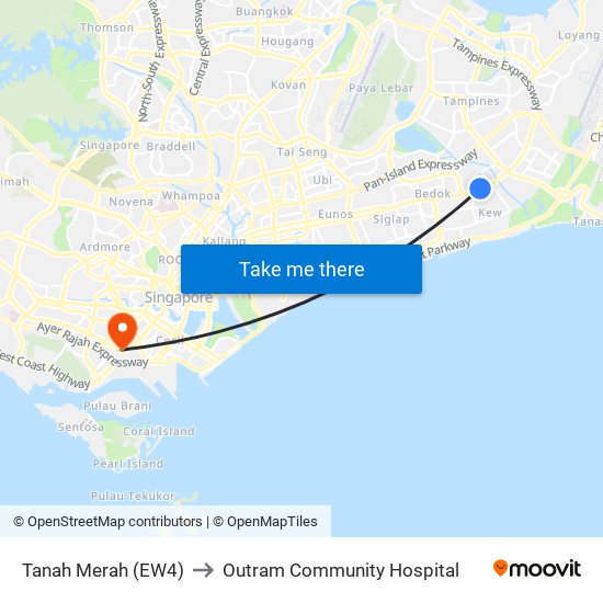 Tanah Merah (EW4) to Outram Community Hospital map