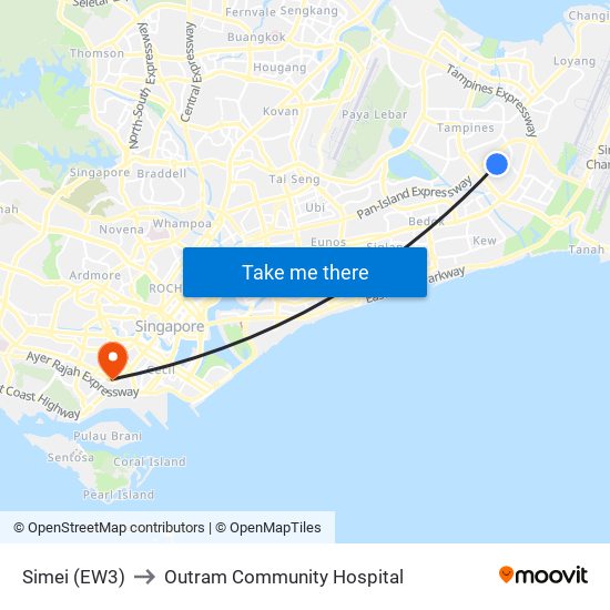 Simei (EW3) to Outram Community Hospital map