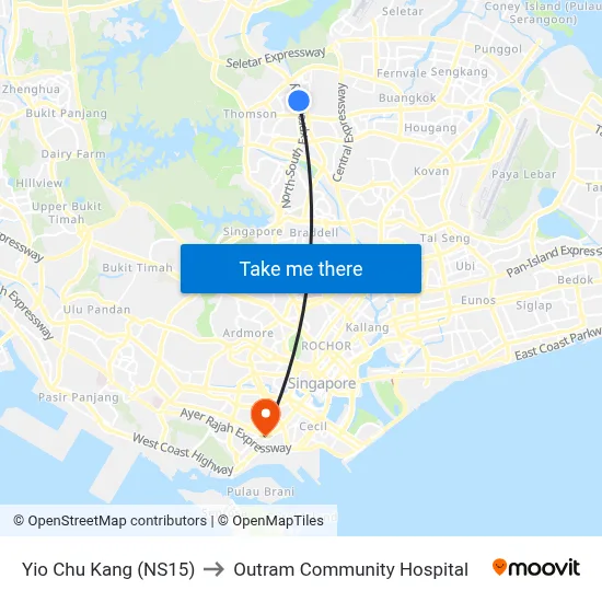 Yio Chu Kang (NS15) to Outram Community Hospital map