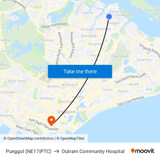 Punggol (NE17|PTC) to Outram Community Hospital map