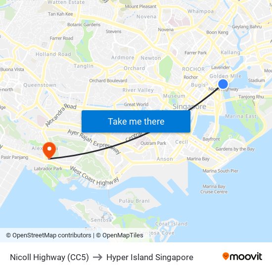 Nicoll Highway (CC5) to Hyper Island Singapore map