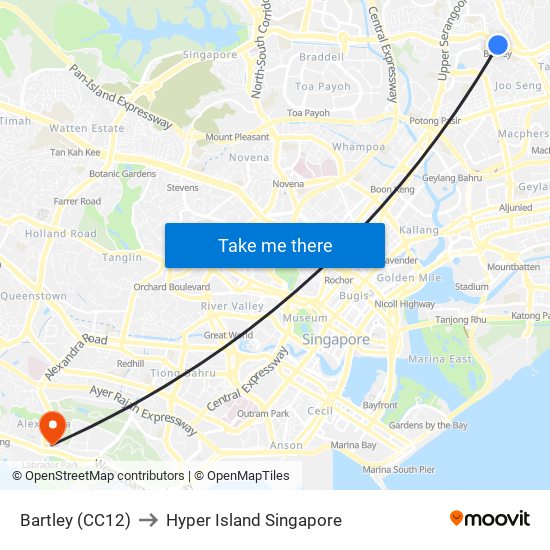 Bartley (CC12) to Hyper Island Singapore map