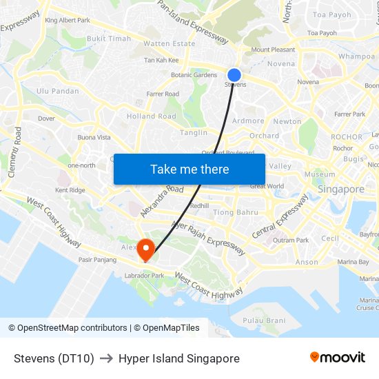 Stevens (DT10) to Hyper Island Singapore map