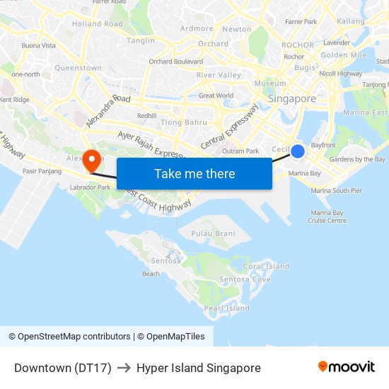 Downtown (DT17) to Hyper Island Singapore map