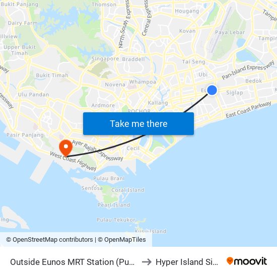 Outside Eunos MRT Station (Public Car Park) to Hyper Island Singapore map