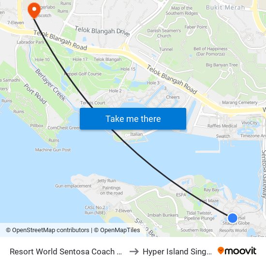 Resort World Sentosa Coach Terminal to Hyper Island Singapore map